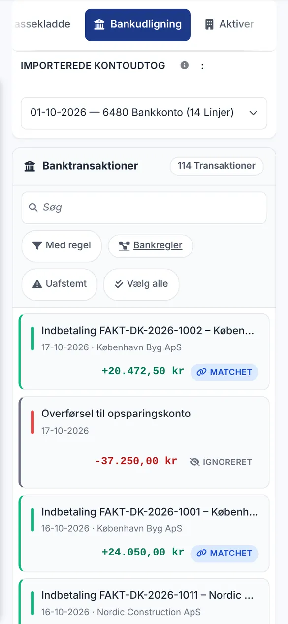 Bidmio Mobilapp – Bankafstemning: Betalinger fra banken matches med fakturaerne.