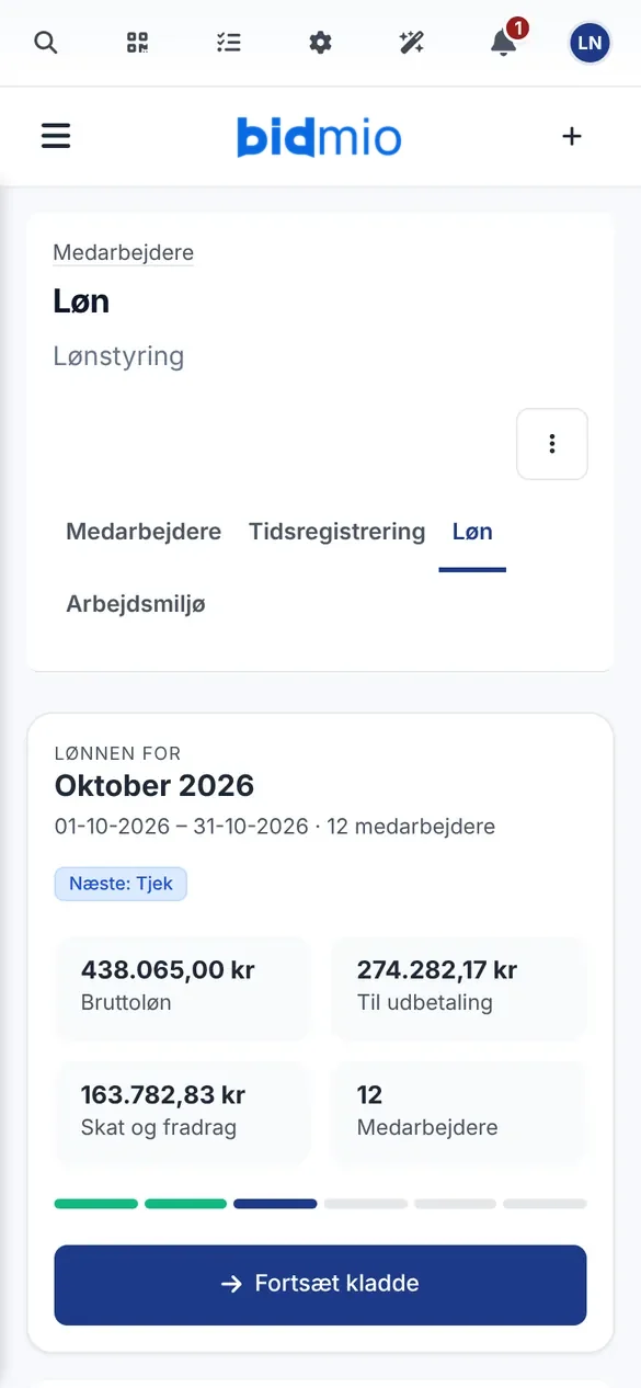 Bidmio Mobilapp – Løn: Lønperiode med bruttoløn, udbetaling og skat.