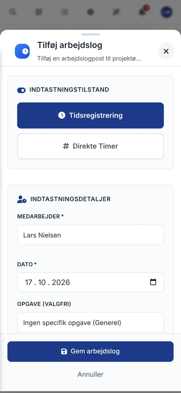 Bidmio Mobilapp – Tidsregistrering: Registrér timer direkte på sagen, også med diktering.
