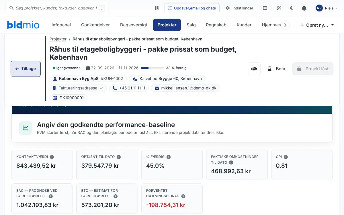 Omkostningsprognose for byggesagen med kontraktværdi, EAC, ETC, CPI og forventet dækningsbidrag
