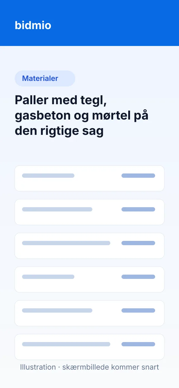Lagerposter med tegl, gasbeton, mørtel og murbindere taget ud til tilbygningen