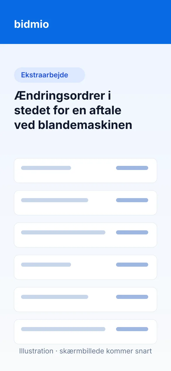 Liste over ændringsordrer på tilbygningen med beløb og status for godkendelse