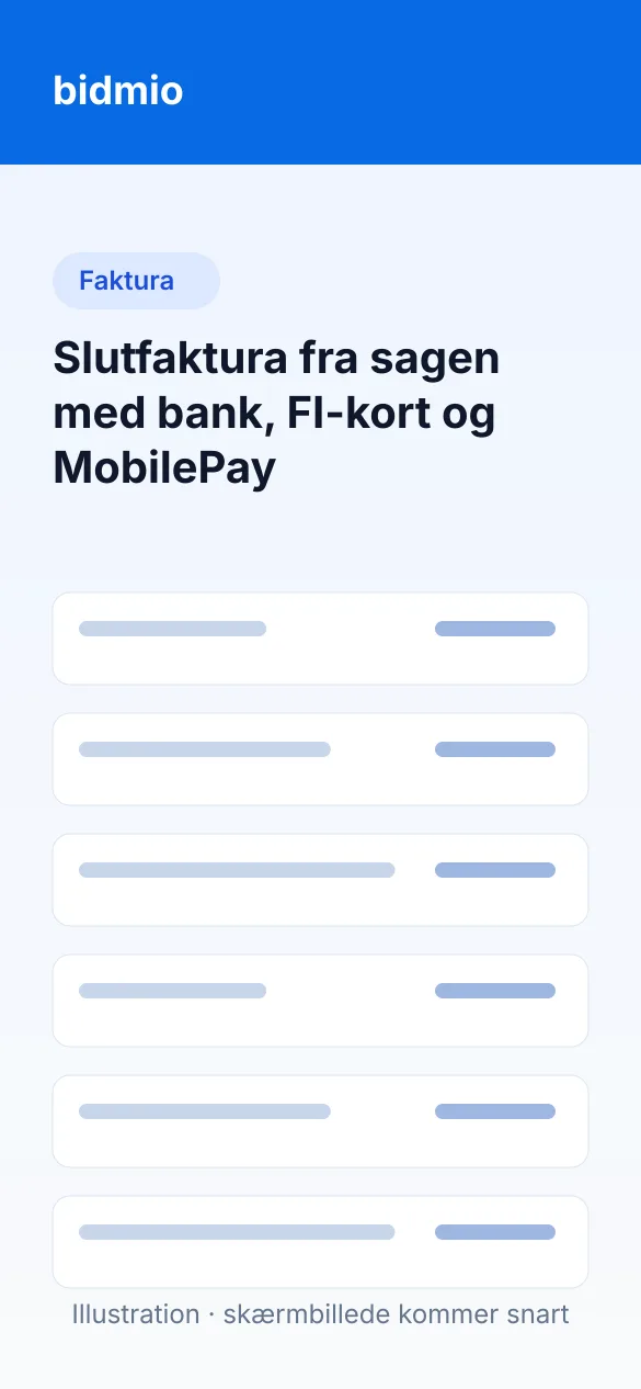 Slutfaktura for tilbygningen med fradrag for aconto og bank- og betalingsoplysninger