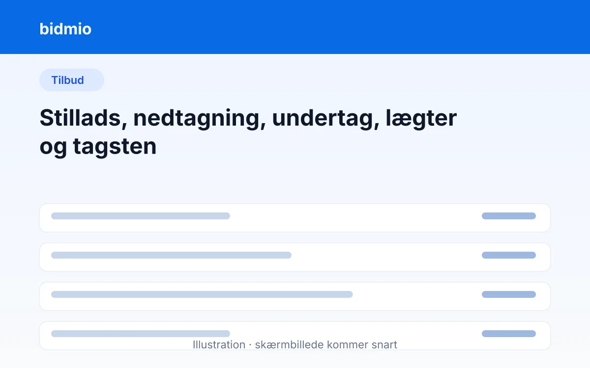 Tilbudseditor med stillads, nedtagning af eternit, undertag, lægter, betontagsten og rygning