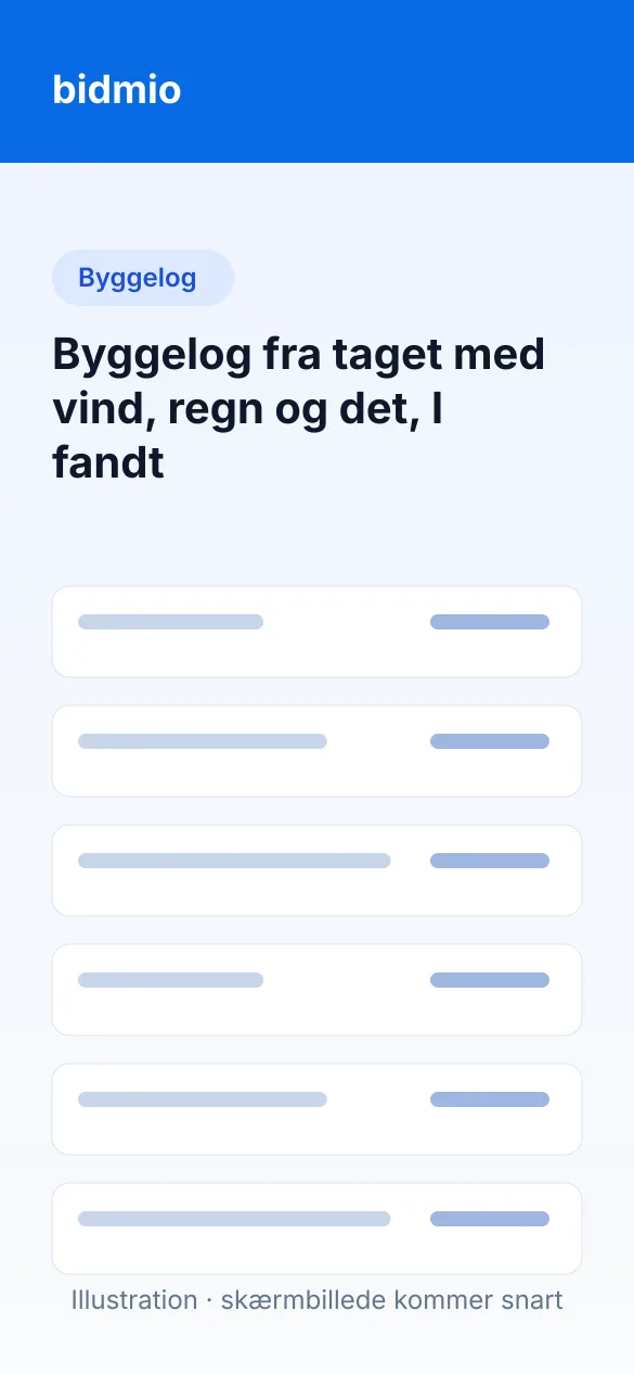 Byggelog for tagsagen med undertag, udskiftede spær, mandskab, timer og vind